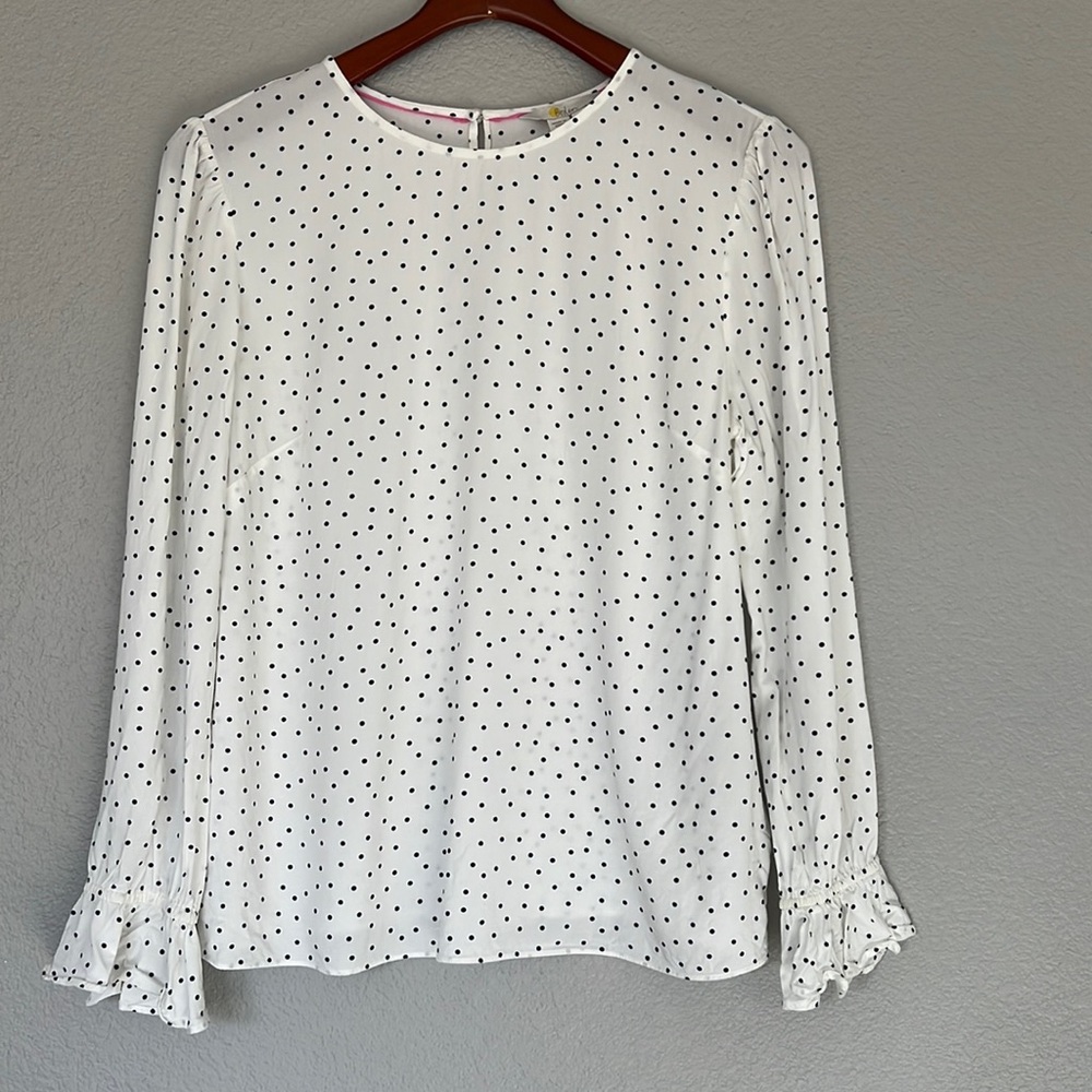Boden Womens Polka Dot Ruffle Cuff Blouse Viscose Blouse Size 12